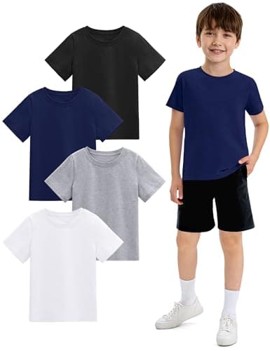 Image of 4 Pack Boys White T Shirt Cotton Kids Crew Neck Short Sleeve Soft Tee Shirt School Top Tshirt for Children 9-10 Years
