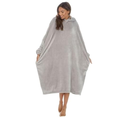 Image of Style It Up Ladies Womens Plain Oversize Hooded Long Poncho With Pockets Comfortable Warm Huggable Nightwear (GREY, ONESIZE)