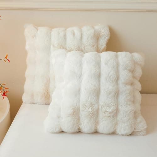 Image of LIFEREVO 2 Pack Fluffy Faux Rabbit Fur Cushion Covers 45x45cm, Luxury Plush Shaggy Bubble Waffle Square Throw Pillow Covers Zipper, Decorative Furry Ivory Pillow Shams Bedroom Living Room, Beige