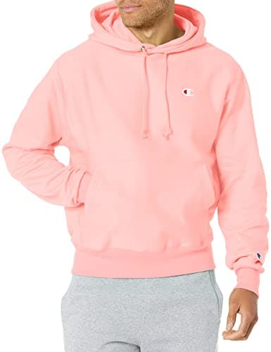 Image of Champion Men's Reverse Weave Pullover Hooded Sweatshirt for Men, Best Hoodies for Men, C Logo, Primer Pink Left Chest C, XS