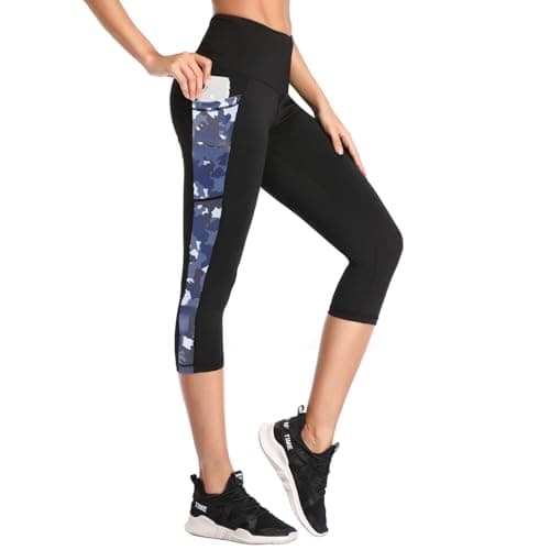 Image of SIMIYA Womens Sports Leggings High Waist Cropped Leggings with Pockets 3/4 Length Capris Pants Sports Gym Workout Running Yoga Pants (Capris-Camouflage,S)