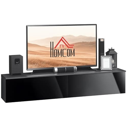 Image of HOMCOM 160cm High Gloss Floating TV Unit Stand for TVs up to 70", Wall Mounted TV Cabinet with Storage Cupboards, Grey and Black