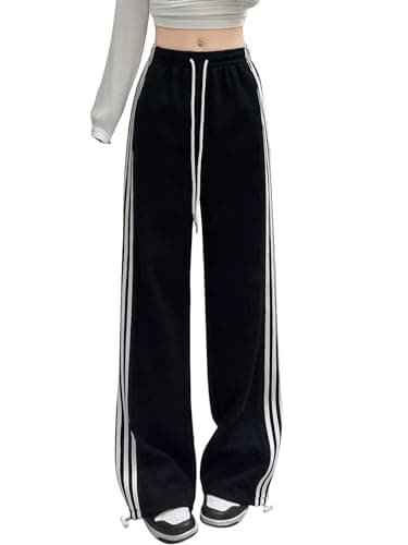 Image of SHEKINI Women's Sweatpants High Waisted Loose Wide Leg Pants Workout Casual Trousers Three Stripes Drawstring Straight Pants with Pockets Black