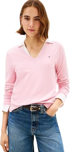 Image of Tommy Hilfiger Women's CO Jersey FINE GG V-NK LS SWT WW0WW40098 Pullover Sweater, Pink (Bonita Pink), M