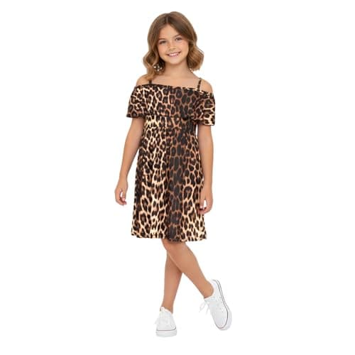 Image of A2Z 4 Kids Girls Skater Dress Summer Party Dance Sun Dresses - Off Shoulder Dress Leopard 7-8
