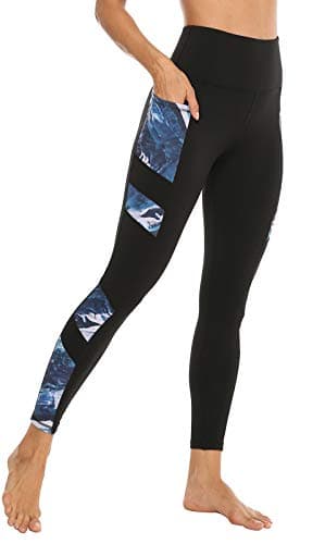 Image of JOYSPELS Women's High Waisted Gym Leggings - Workout Running Sports Printed Leggings Yoga Pants Womens with Pockets - BlackBlue - XL