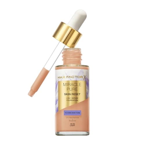 Image of Max Factor Miracle Pure Skin Reset Serum Foundation 40-60 Light, 2-in-1 Serum Formula, Healthy Looking Skin, Medium Coverage, Satin Matte Finish, 2% Niacinamide, Dermatologically Tested