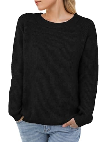 Image of PrinStory Jumper For Women Crew Neck Sweatshirt Ladies Casual Classic Plain Pullover Knit Long Sleeve Sweatshirt Knitwear For Winter Fall (Black, XXL)
