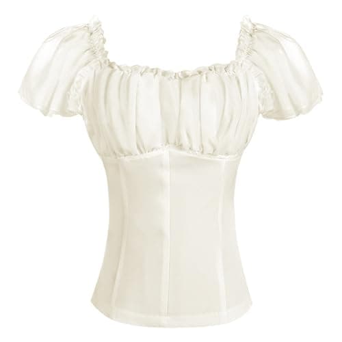 Image of GMQWRK Women's Square Neck Shirts Elegant Puff Sleeve Cropped Tops Vintage Ruffle Frill Trim Slim Fit Crop Shirt Medieval Renaissance Blouse Teen Girl Halloween Costume Top for Corset Belt Beige