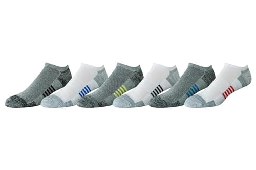 Image of Amazon Essentials Men's Performance Breathable Cotton-Poly Blend Cushioned No Show Running and Trainer Athletic Ankle Socks, 6 Pairs, Grey/White, 7-11