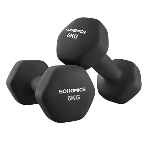 Image of SONGMICS Set of 2 Dumbbells, 2 x 6 kg Hand Weights with Neoprene Coating, Hexagonal Dumbbells Pair, Home Workout, Fitness Training Exercise, Ink Black SYL160B01
