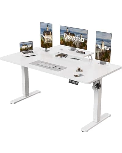 Image of Devoko Electric Standing Desk 160 x 70cm Height Adjustable Standing Desk with Monitor Stand, Stand Up Table for Home Office with 2 Memory Smart Pannel Sit Stand (White)
