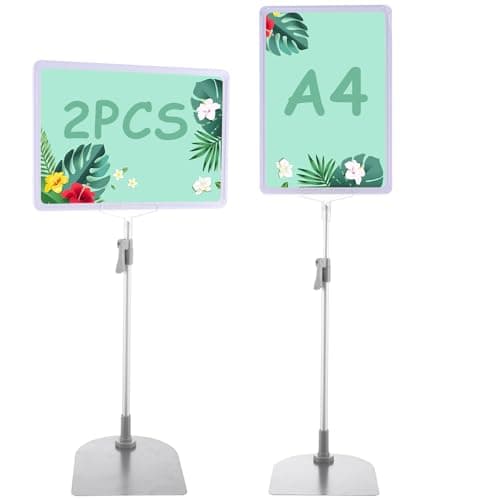 Image of WOPPLXY 2 PCS A4 Sign Holder Display Stand, Adjustable Poster Stand Floor Display Stands, Replaceable Advertising Stand Sign Holder with Stable Metal Base