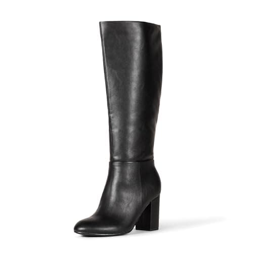 Image of Amazon Essentials Women's Tall Knee High Block Heel Boots, Black Faux Leather, 11 UK Wide