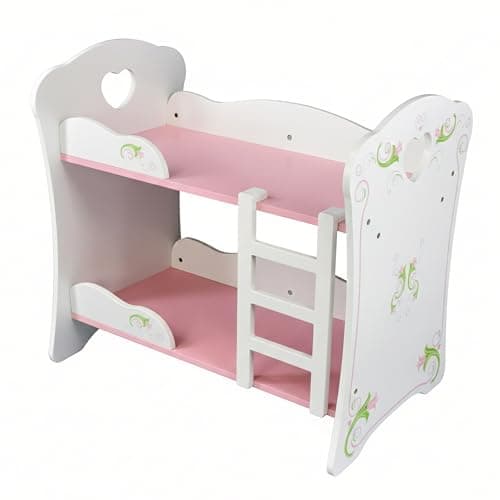 Image of BiBi Doll Wooden Bunk Bed for Baby Dolls - White & Pink Double Cot Toy with Removable Ladder - Reborn Accessories for Nursery Role Play, Girls & Boys Aged 3+