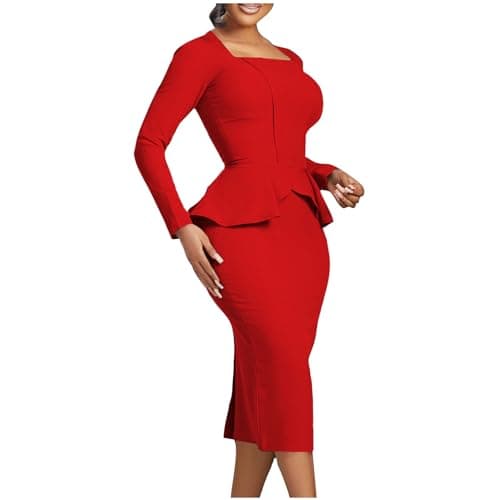 Image of Zeiayuas Elegant Women's Square Neck Ruffle Midi Dress - Long Sleeve, Work Office Formal Bodycon, Plain Wrapped Pencil Dress - Red
