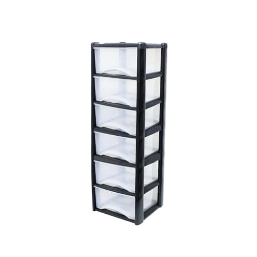 Image of Neat. 6 Plastic Storage Drawers Unit with See-Through Drawers, Compact Vertical Design – Durable Plastic, Ideal for Organizing Office Crafts, and Household Items, 120cm x L39cm x W39cm - Black/Clear