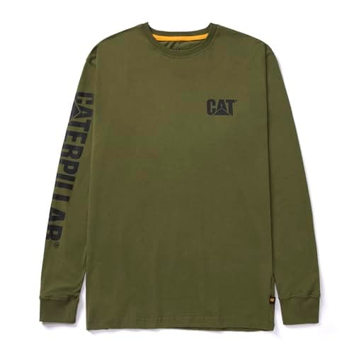 Image of Caterpillar Trademark Banner Long Sleeve Tee Shirts for Men with Center Back Neck Wire Management Loop and Cat Workwear Logo, Chive, XL