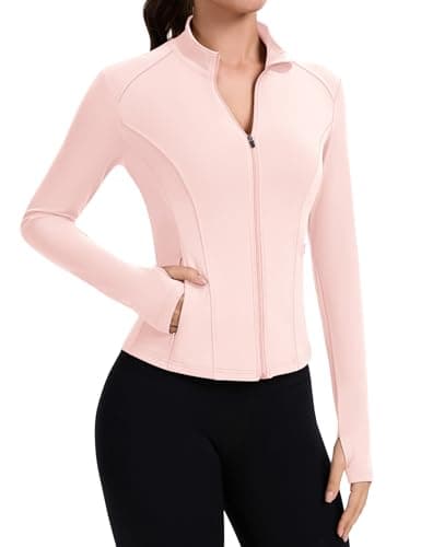 Image of IECCP Gym Tops for Womens Sport Jackets Running Shirt Long Sleeve Workout Fitess Activewear Lightweight Moisture Wicking Yoga Tops with Thumb Hole and Zip Side Pocket Pink S