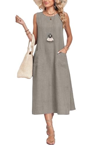 Image of AUSELILY Summer Dresses for Women UK Maxi Midi Ladies Dress with Pockets Bean Brown M