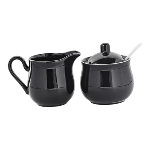 Image of FashionCha Ceramic Cream Pot & Sugar Bowl Set - 2-Piece Black Creamer & Sugar Pot with Lid and Spoon, Sturdy Coffee Condiment Set for Home Use, Cafe Decor & Gift Giving, Black