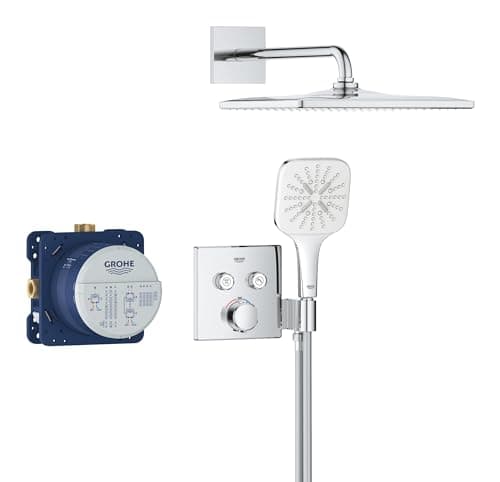 Image of GROHE Precision SmartControl - Concealed Shower System with 2 Valves Thermostat (Mono 31 cm Cube Head Shower, SmartActive 13 cm Cube Hand Shower 3 Sprays, Hose 1.5 m, Square Trim), Chrome, 34876000