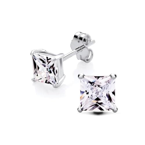 Image of 925 Sterling Silver Cubic Zirconia Cz Crystal 4mm Princess Cut Square Solitaire Stud Earrings Pair Mens Ladies Girls