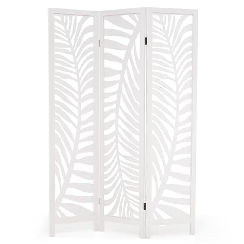 Image of COSTWAY 3 Panel Folding Room Divider, Solid Paulownia Wood Wall Privacy Screen Protector, Freestanding Carved Decorative Paravent Partition Separator for Living Room Bedroom Office, 121x170cm, White