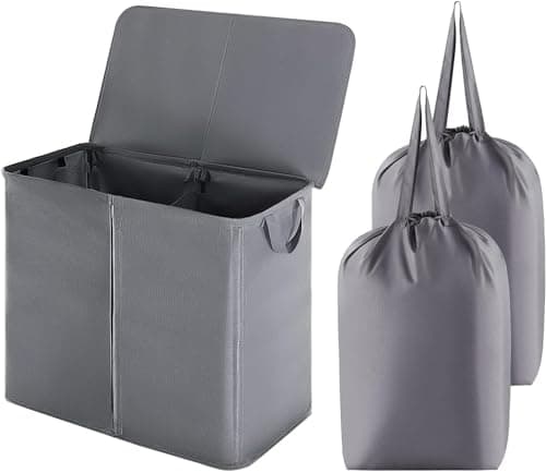 Image of Lifewit 105L Double Laundry Hamper with Lid and Removable Laundry Bags, Divided Basket with Handles, Large Separated Clothes Basket for Bedroom, Bathroom, College Dorm, Laundry Sorting, Grey