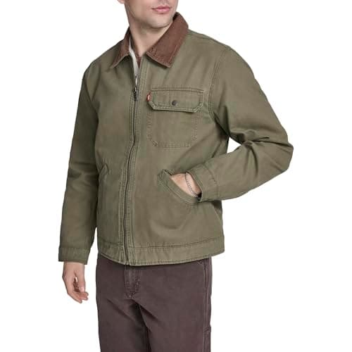 Image of Levi's Men's Workwear Cotton Canvas Corduroy Collar Depot Jacket, Olive Tree Lightweight, S
