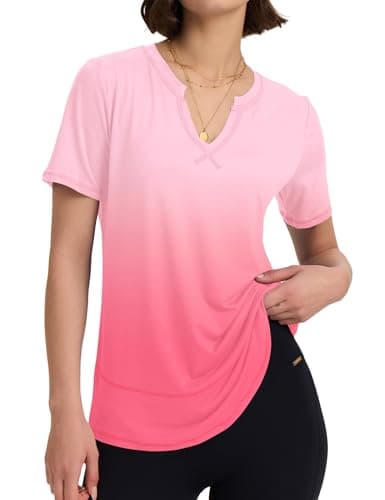 Image of Kistore T-Shirts for Women UK V Neck Ladies Sports Shirts Short Sleeve Women Activewear Quick Dry Basic Shirts L Pink White