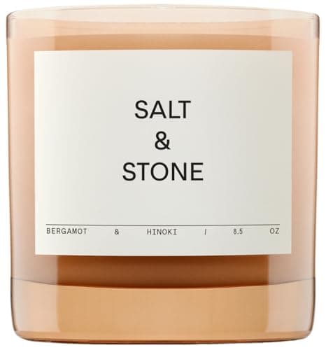 Image of Salt & Stone Scented Candle for Women & Men | Coconut & Soy Blend Wax | Hand-Poured, Aromatic & Fragrant | 100% Cotton Wick | Long-Lasting 50 Hour Burn Time | Bergamot & Hinoki 8.5 oz