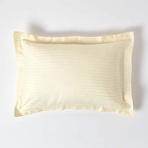 Image of HOMESCAPES Pastel Yellow Pure Egyptian Cotton Oxford Pillowcase Standard Size 330 TC 500 Thread Count Percale Equivalent Satin Stripe Pillow Case