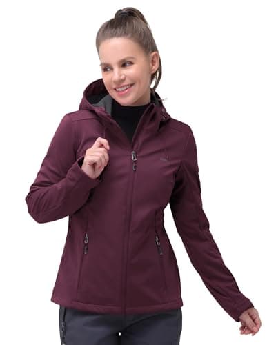 Image of 33,000ft Women's Softshell Jacket Waterproof Windproof Coat Functional Lightweight Windbreaker Ladies Breathable Outdoor Jacket with Hood for Running, Cycling, Hiking, Wine Red DE42/UK16