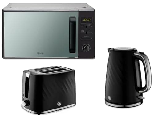 Image of Swan Windsor Black 1.7L 3KW Textured Kettle, 2 Slice Toaster and 800W 20L Digital Microwave SM4421BLK. Contemporary Matching Kitchen Set with a Premium Sleek Black Finish