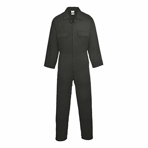 Image of Portwest S998 Mens Euro Work Coverall Cotton Boiler Suit Breathable Medium Weight 260g Concealed Stud Front Elastic Waist Five Pocket Workwear Mechanic Engineer Industrial, Regular, Black, L