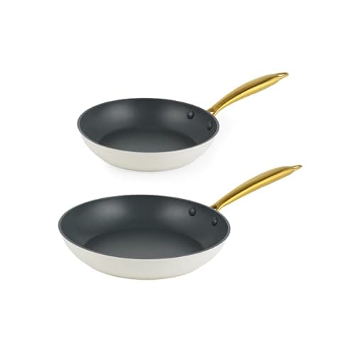 Image of Salter Aerotech 2-Piece Frying Pan Set – 20/24 cm Non-Stick Cooking Pans, Aluminium Body, Metal Utensil Safe, Induction Compatible, Hob-to-Oven Design, Oven Safe up to 200°C, PFOA-Free, Cream/Gold