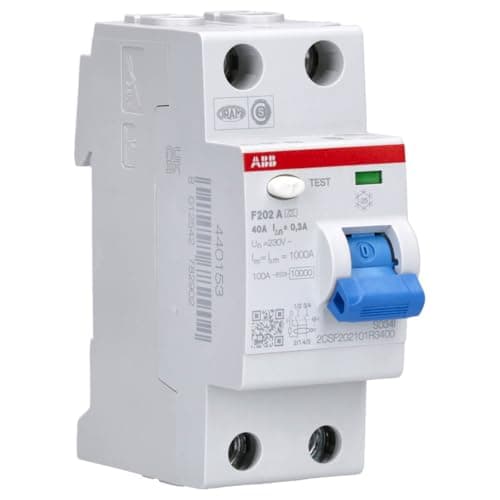 Image of ABB Protecta Plus F202 A-40/0.3 Residual Current Circuit Breaker • 2 Pole • 40A • Type A • 300mA • RCCB • DIN Rail • F200 Series • Earth Fault Protection • 2CSF202101R3400