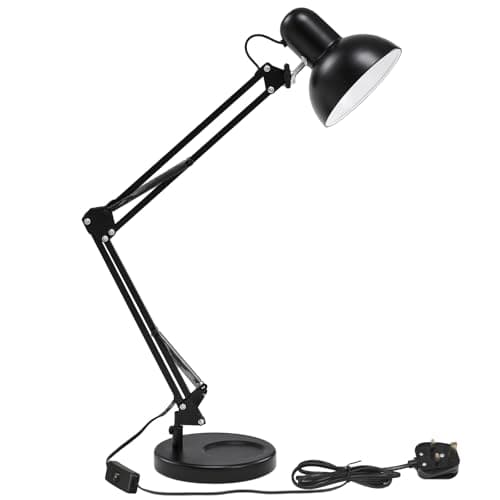 Image of Warmiehomy 85cm Adjustable Desk Lamp, Classic Black Metal Desk Light with Flexible Swing Arm & Head, E27 Bulb Socket, Stable Base, Large Desk Lamps, Table Lamp for Reading, Studying, Office, Bedroom