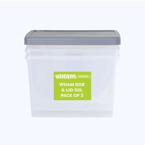 Image of Wham Box 3 x 50L Stackable Plastic Storage Boxes with Lids | Ideal for Home, Office, Toys & More | Secure, Ribbed Clip-On Lid for Added Strength | Made in UK - Clear/Steel