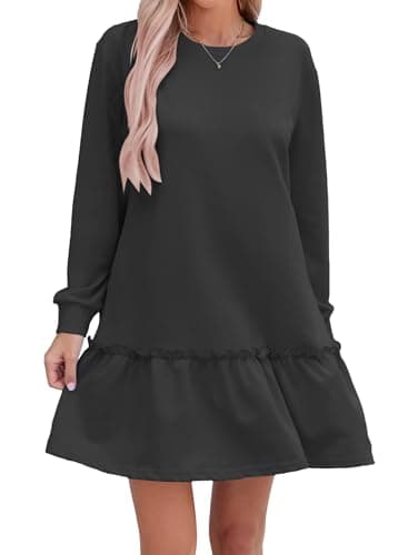Image of Famulily Dresses for Women UK Fall Winter Sweatshirt Dress Long Sleeve Ruffle Pullover Tops Patchwork Mini Shirtdress Black S