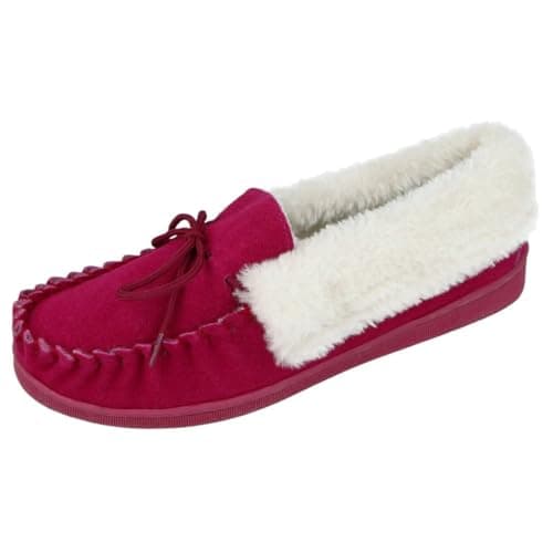 Image of Cushion Walk Ladies Real Suede Leather Faux Sheepskin Fur Lined Moccasin Slippers Size 4-8 (Fuchsia, 6)