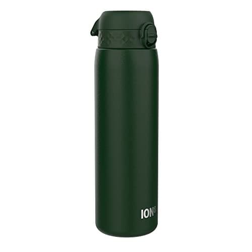 Image of ION8 Lightweight 1 Litre Steel Water Bottle, Non-Insulated, Leak Proof, Easy to Open, Secure Lock, Dishwasher Safe, Flip Cover, Carry Handle, Ideal for Travel & Active Lifestyles, Dark Green