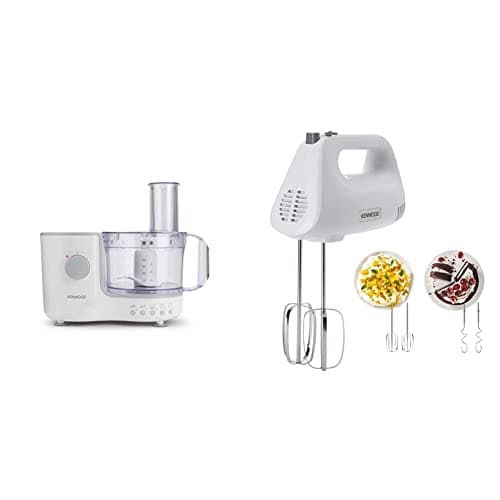 Image of Kenwood Compact Food Processor, 1.4 L Bowl, White & Hand Mixer,Electric Whisk, 5 Speeds, Stainless Steel Kneaders and Beaters for Durability and Strength, 450 W, HMP30.A0SI, White