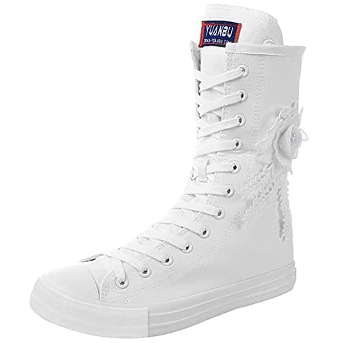 Image of rismart Women's Canvas Boots Mid Calf Cheerleader High Tops Lace up Shoes(White-Flower,5.5 UK)