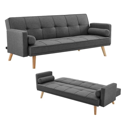 Image of Home Detail Sofa Bed with Click Clack Function - 3 Seater Double Folding Guest Bed Settee with Bolster Cushions in Grey, Charcoal or Mustard Upholstered Fabric (Charcoal)