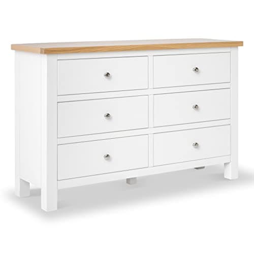 Image of Farro White Large Chest of Drawers Bedroom with 6 Drawers | Roseland Furniture Fully Assembled Contemporary Solid Wood Wide Painted Storage Chest with Oak Top | 78 x 120cm