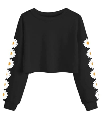 Image of Imily Bela Girls Sweatshirt Daisy Pinted Crop Tops Cute Kids Jumper Long Sleeve Pullover Tee Shirts Clothes(Black, 7-8 Years)