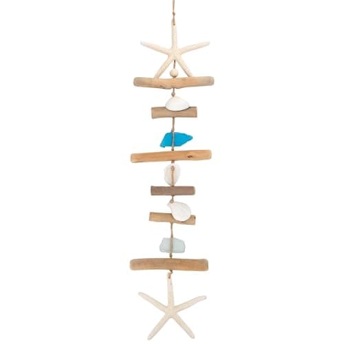 Image of SKOOLOVE Wooden Driftwood Wall Decor, Starfish Bathroom Decor with Sea Shells, Driftwood Beach Room Decor for Home Indoor Outdoor, Coastal Wall Art for Living Room, Bedroom and Dining Room Blue
