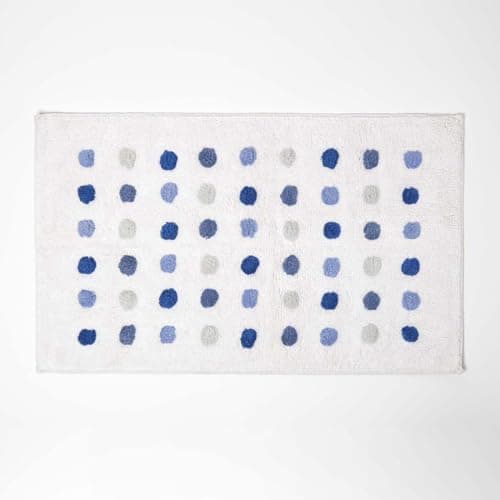 Image of HOMESCAPES Blue and White Cotton Bath Mat with Polka Dot Design Super Absorbent Tufted Bathmat, 50 x 80 cm